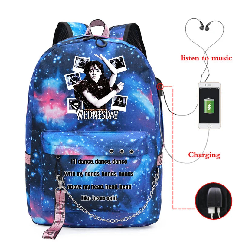 Wednesday Addams Girls Backpack USB Charging Rucksack Student Shoulder School Ba