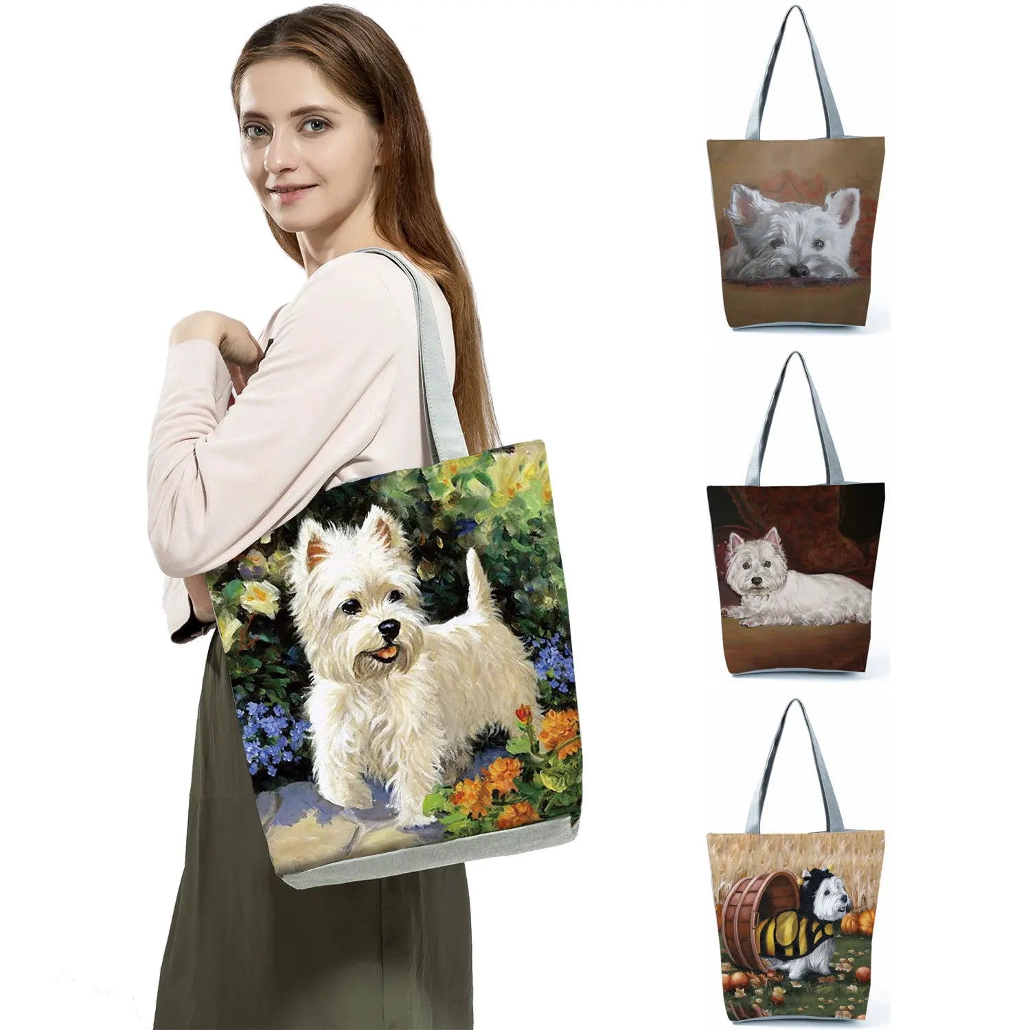 Westie Dog Painting Square Handbag - Large Capacity Reusable Tote