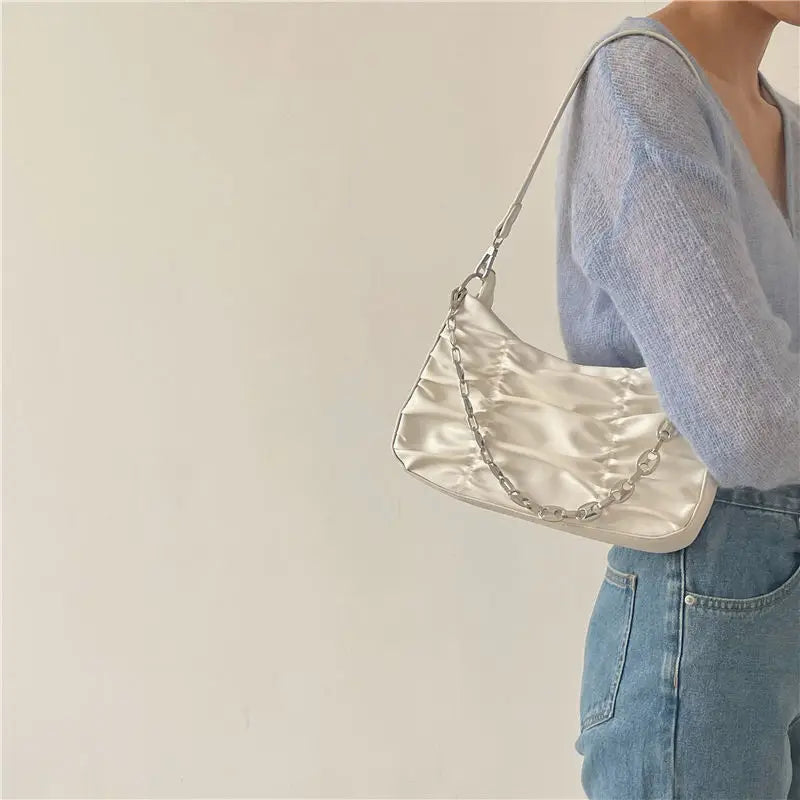 Pleated Shoulder Bag for Women Chain Handbag Zipper Texture PU Leather