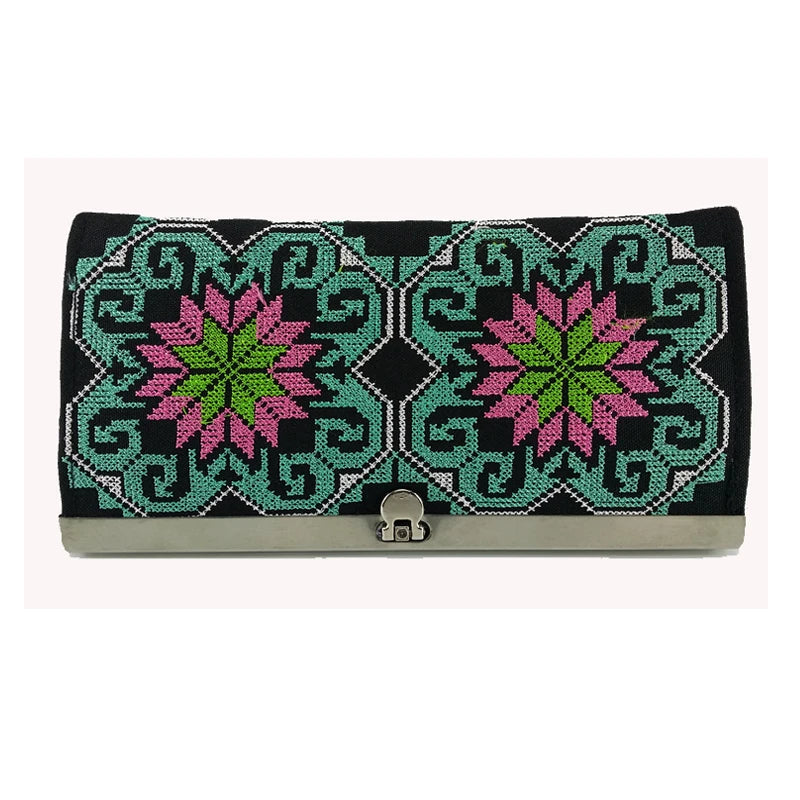 Bohemia Cross Stitch Hasp Women Purse Lucky Flower Pattern Vintage Wallets