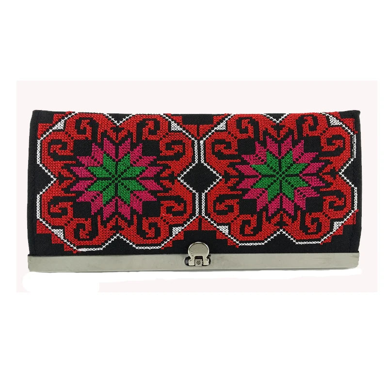 Bohemia Cross Stitch Hasp Women Purse Lucky Flower Pattern Vintage Wallets