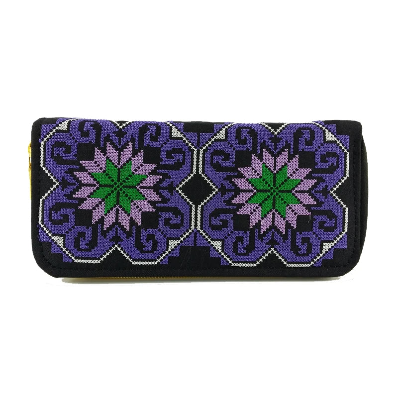 Retro Zipper Wallets Women Embroidered Flower Purse Cross Wallet