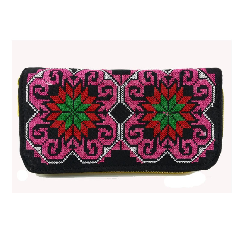 Retro Zipper Wallets Women Embroidered Flower Purse Cross Wallet