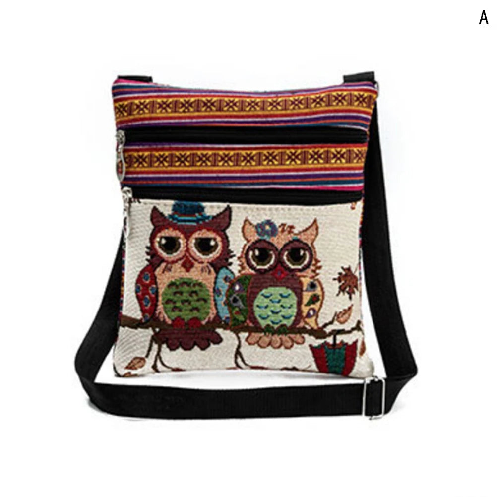 Owl Print Shoulder Bags Mini Flap Messenger Double Zipper Small Crossbody