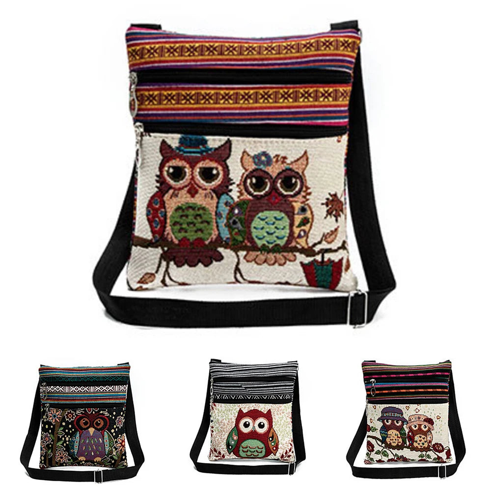 Owl Print Shoulder Bags Mini Flap Messenger Double Zipper Small Crossbody