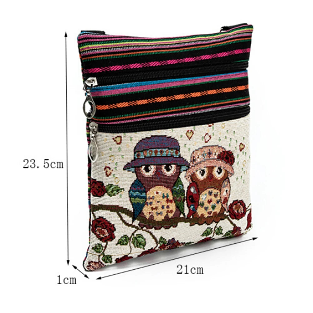 Owl Print Shoulder Bags Mini Flap Messenger Double Zipper Small Crossbody