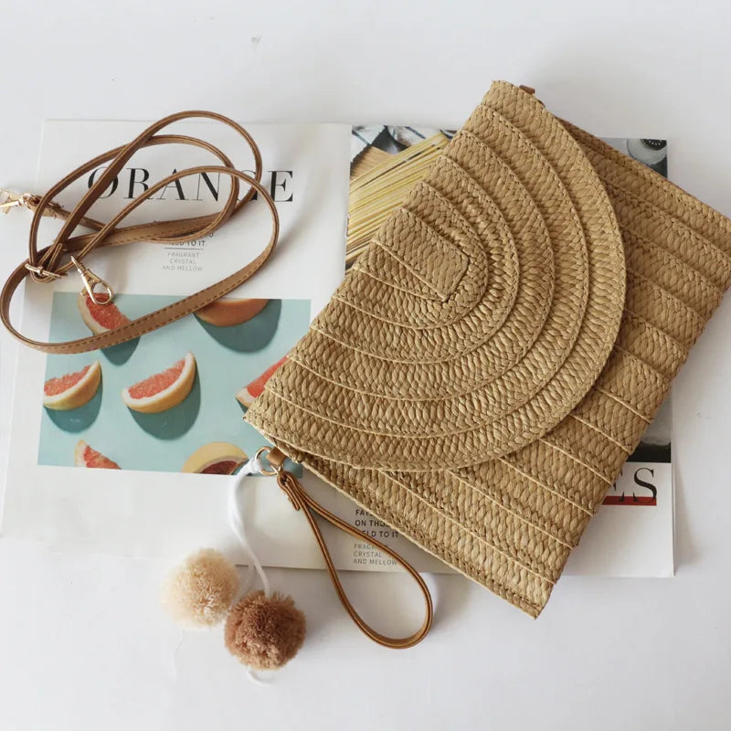 Straw-weaving Envelope Bag Ivory Khaki Beach Handbag