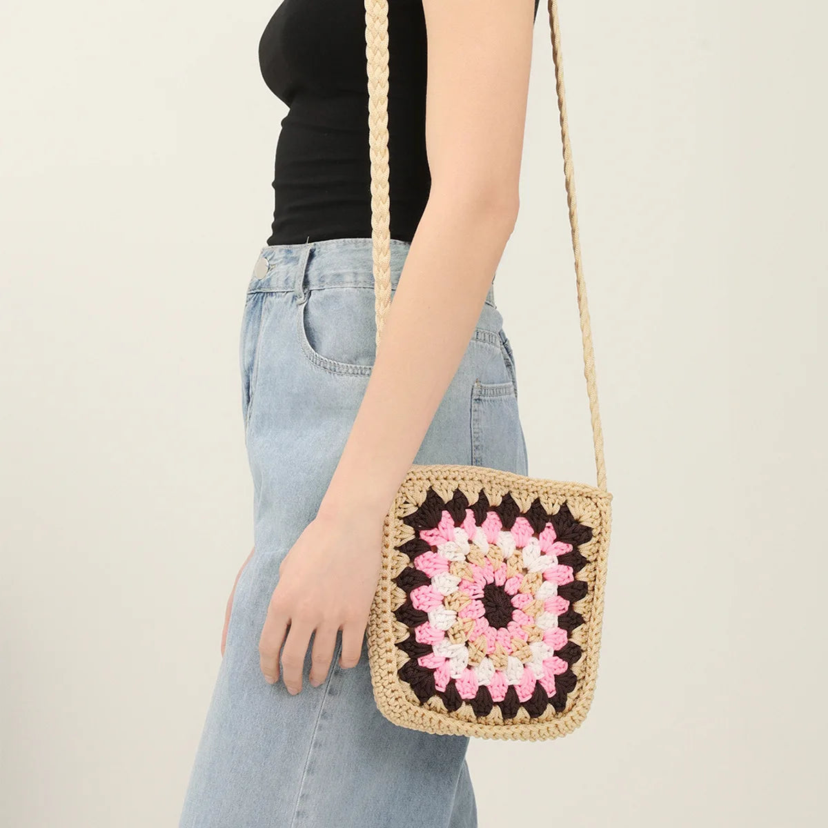 Hand-Woven Crochet Straw Shoulder Bag for Women