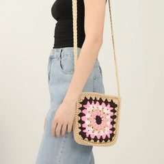 Hand-Woven Crochet Straw Shoulder Bag for Women
