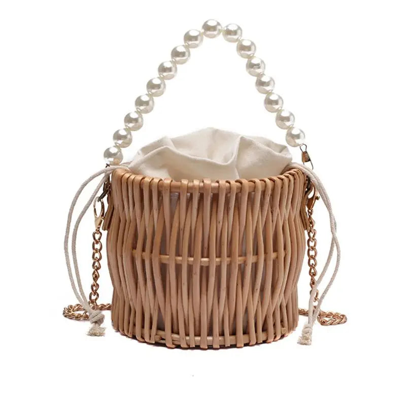 Women Rattan Bucket Shoulder Bag Tote Purse Handbag