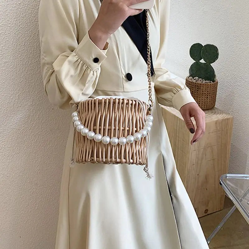 Women Rattan Bucket Shoulder Bag Tote Purse Handbag