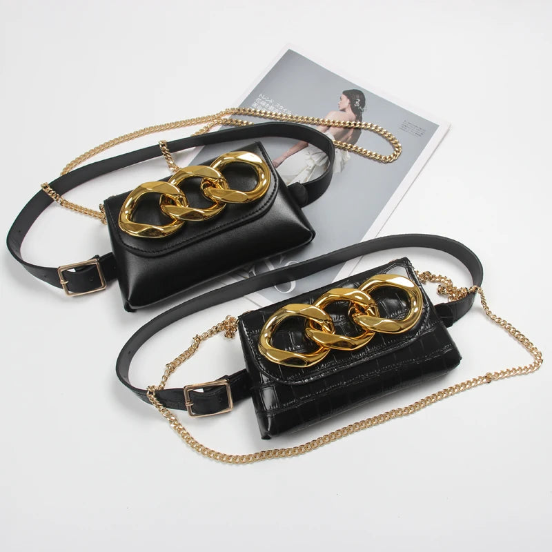 Wide Chain Decorated Waist Packs Women Adjustable PU Leather Waist Belt
