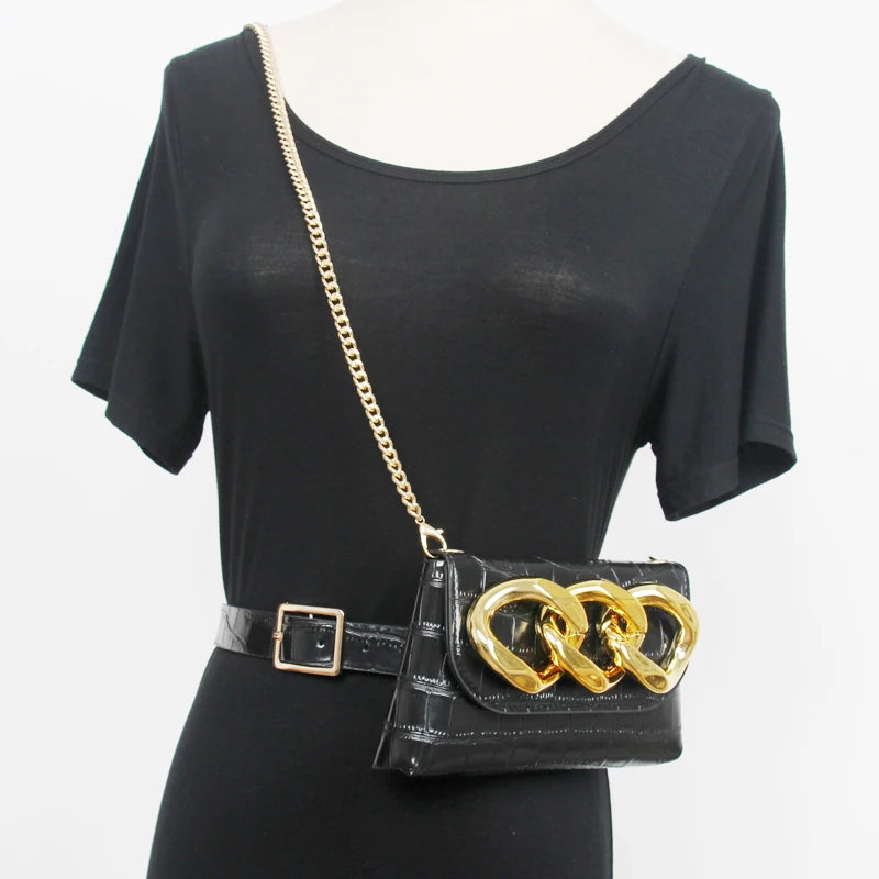 Wide Chain Decorated Waist Packs Women Adjustable PU Leather Waist Belt