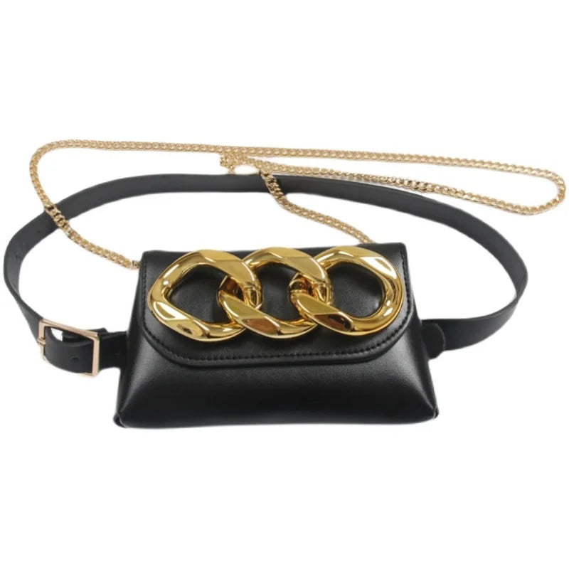 Wide Chain Decorated Waist Packs Women Adjustable PU Leather Waist Belt