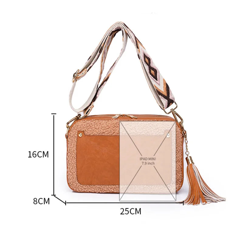 Wide Strap Tassel Small Shoulder Bag Solid Pu Leather Crossbody