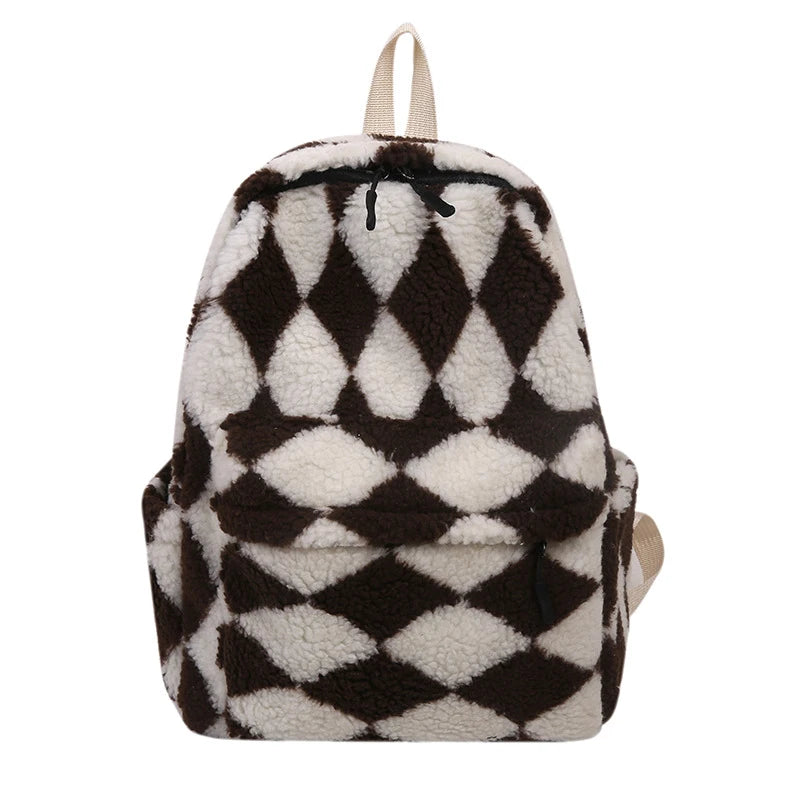 Soft Plush Backpack Girls School Shoulder Bag Diamond Lattice Rucksack