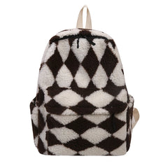 Soft Plush Backpack Girls School Shoulder Bag Diamond Lattice Rucksack