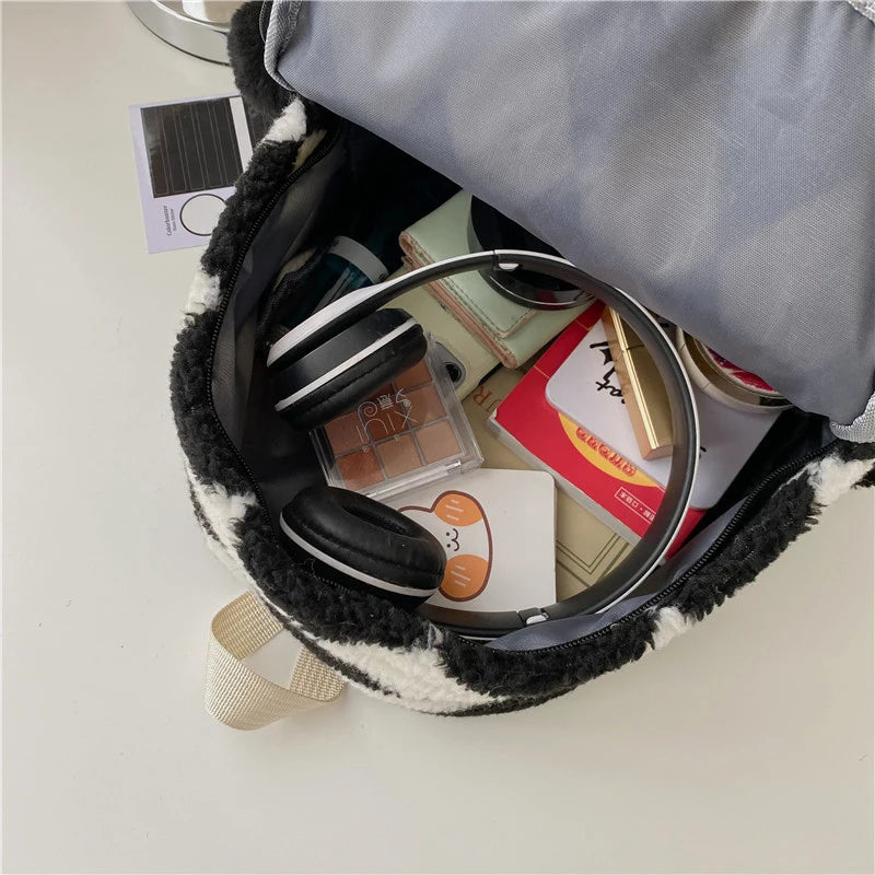 Soft Plush Backpack Girls School Shoulder Bag Diamond Lattice Rucksack