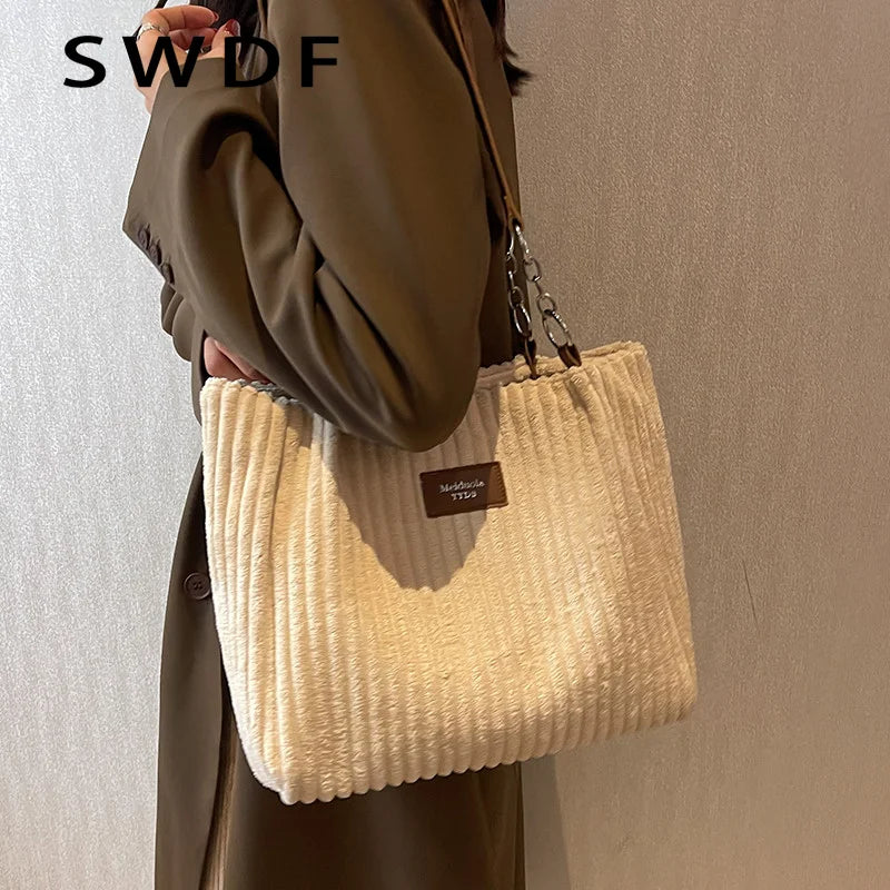 Winter Corduroy Women Handbags Travel Female Chain Shoulder Bag Large Capacity