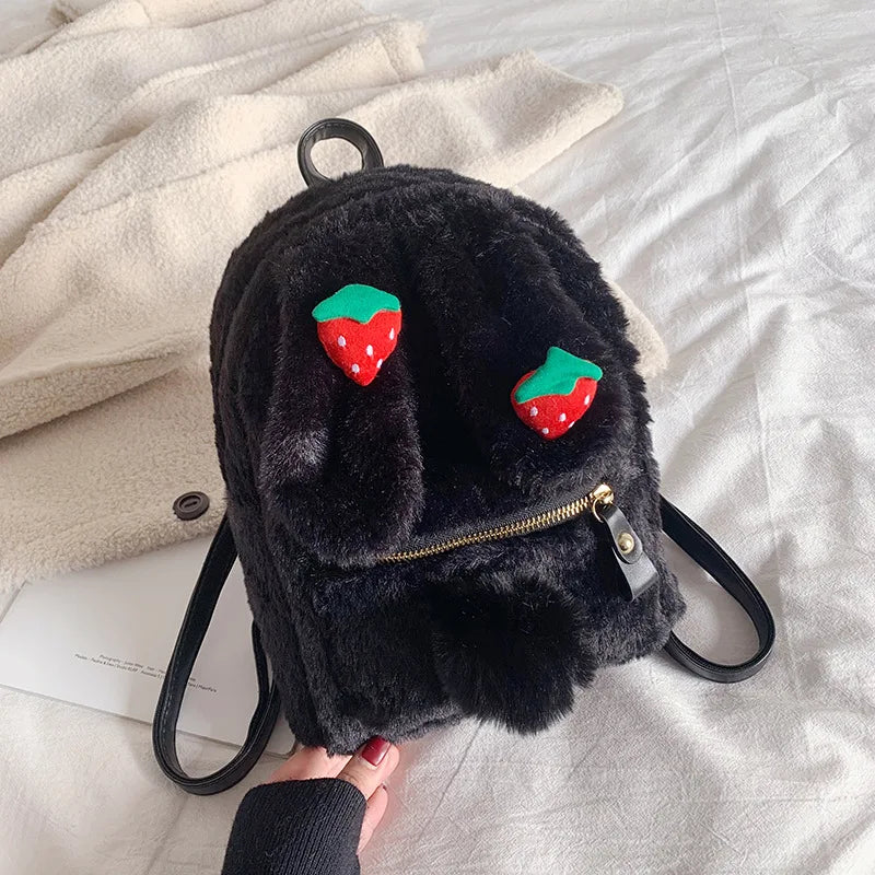 Winter Faux Fur Backpack Rabbit Ear Women Travel Shoulder Bags Plush Bagpack