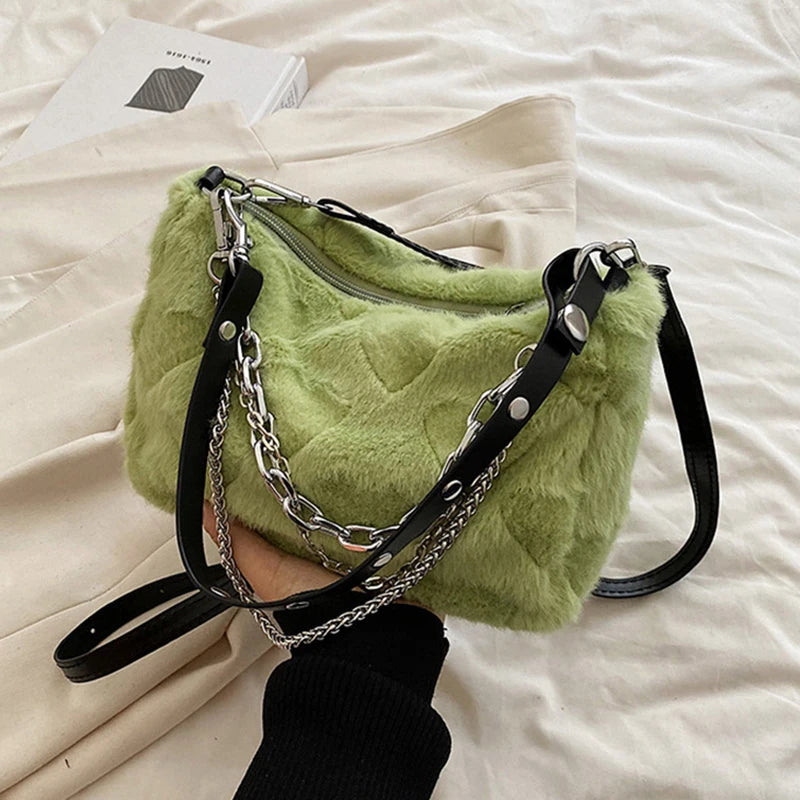 Winter Plush Shoulder Bag Women Chains Decor Totes Bag Fur Underarm Purse