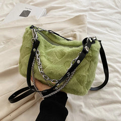 Winter Plush Shoulder Bag Women Chains Decor Totes Bag Fur Underarm Purse