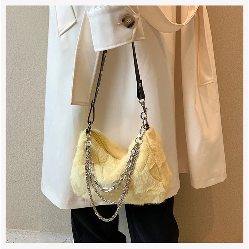 Winter Plush Shoulder Bag Women Chains Decor Totes Bag Fur Underarm Purse