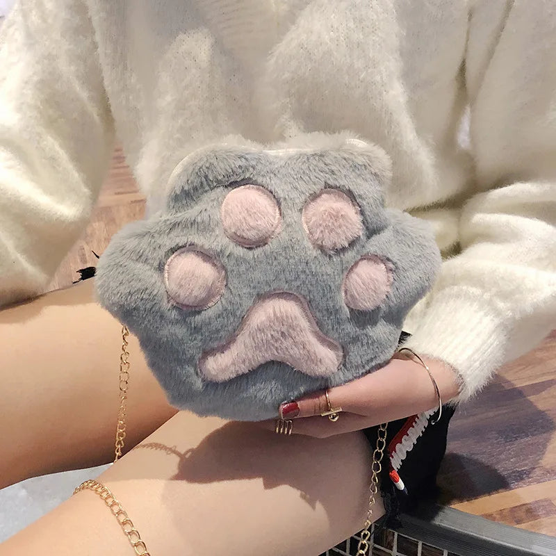 Winter Faux Fur Women Bear Paw Shoulder Bag Soft Plush Ladies Chain Messenger Ba