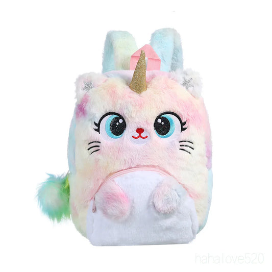 Winter Cartoon Plush Backpack for Girls, Kindergarten School Bag