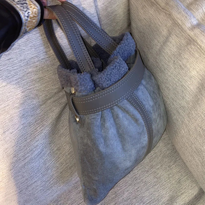 Winter Lamb Wool Women Stitching Small Tote Messenger Bag Ladies Soft Plush Buck
