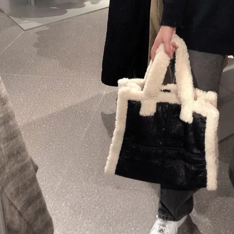 Winter Lambswool PU Patchwork Shoulder Bags Women Texture Underarm