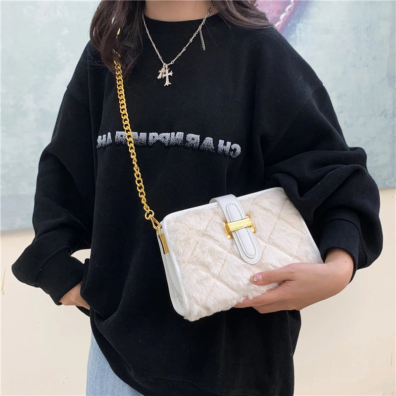 Winter Leather Shoulder Bag Chain Crossbody Handbag Ladies Totes Messenger