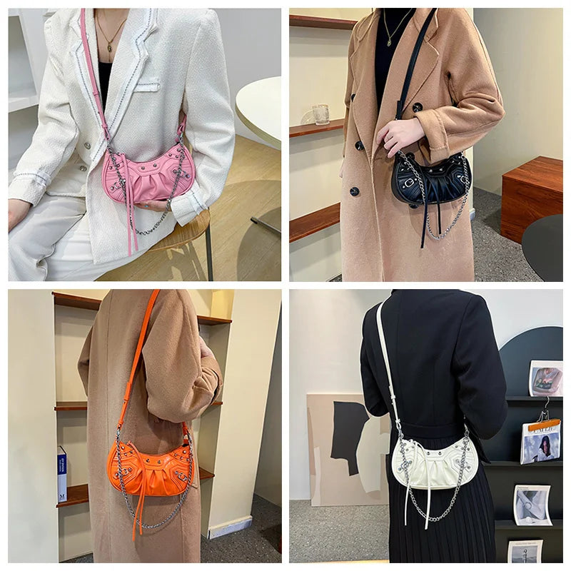 Rivet Half Moon Hobo Bag with Purse, Punk Style Lady Shoulder Bag