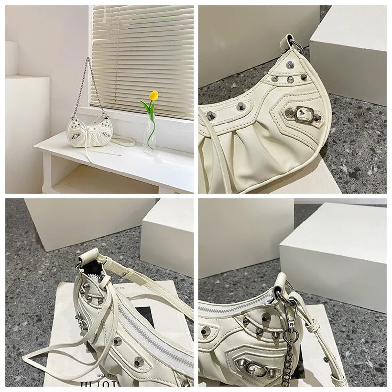 Rivet Half Moon Hobo Bag with Purse, Punk Style Lady Shoulder Bag