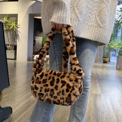 Leopard Chain Shoulder Bag Soft Warm Fur Messenger Handbag Plush Winter Bag