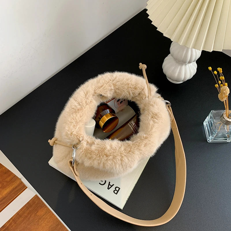 Winter Faux Fur Shoulder Bag Women's Plush Hobos Bag Solid Fluffy Handbag