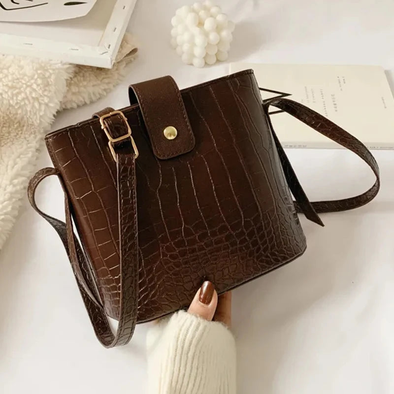 Crocodile Pattern Bucket Bag Vintage Crossbody PU Leather Winter Handbag