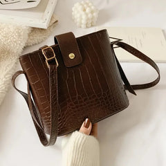Crocodile Pattern Bucket Bag Vintage Crossbody PU Leather Winter Handbag