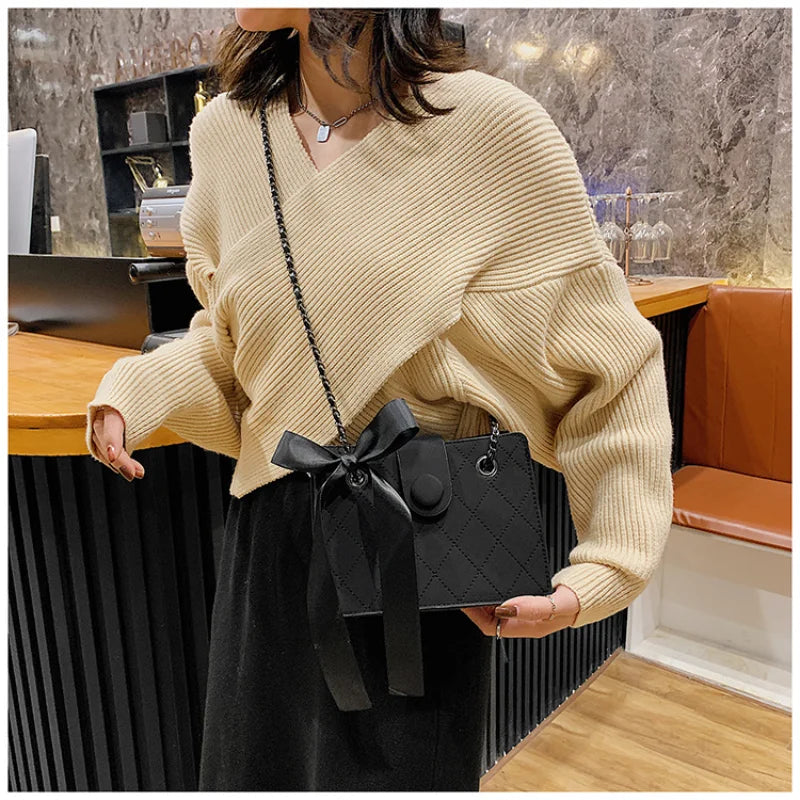 Winter Shoulder Bags Lingge Chain Crossbody Bag Solid Ribbon Bow