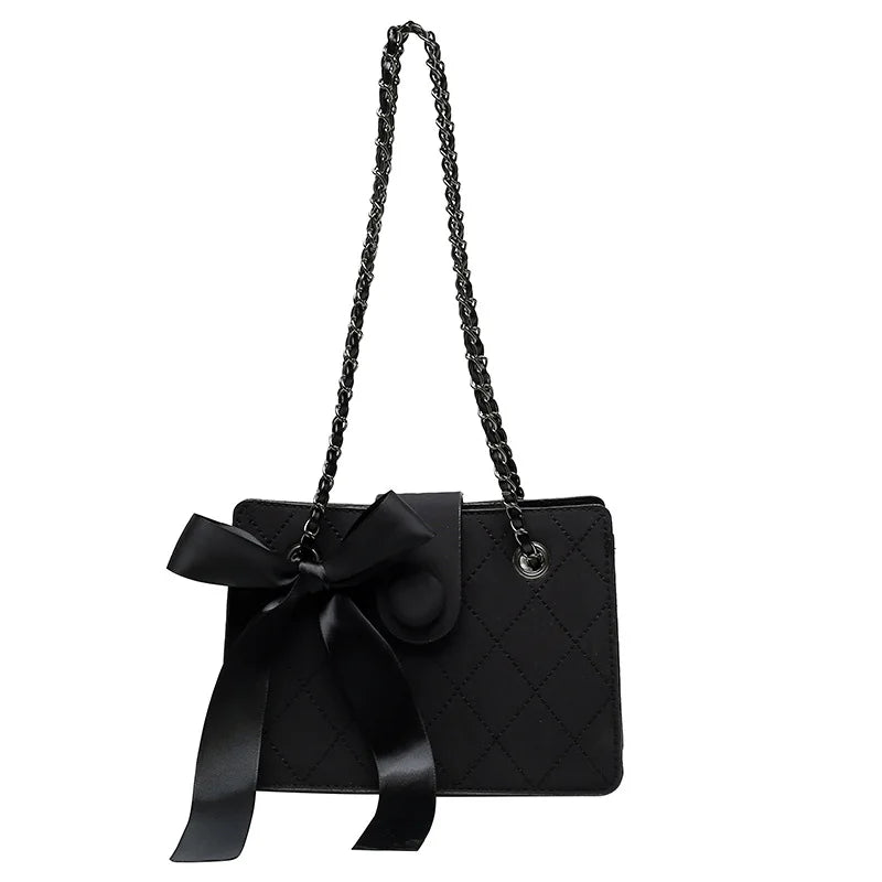 Winter Shoulder Bags Lingge Chain Crossbody Bag Solid Ribbon Bow
