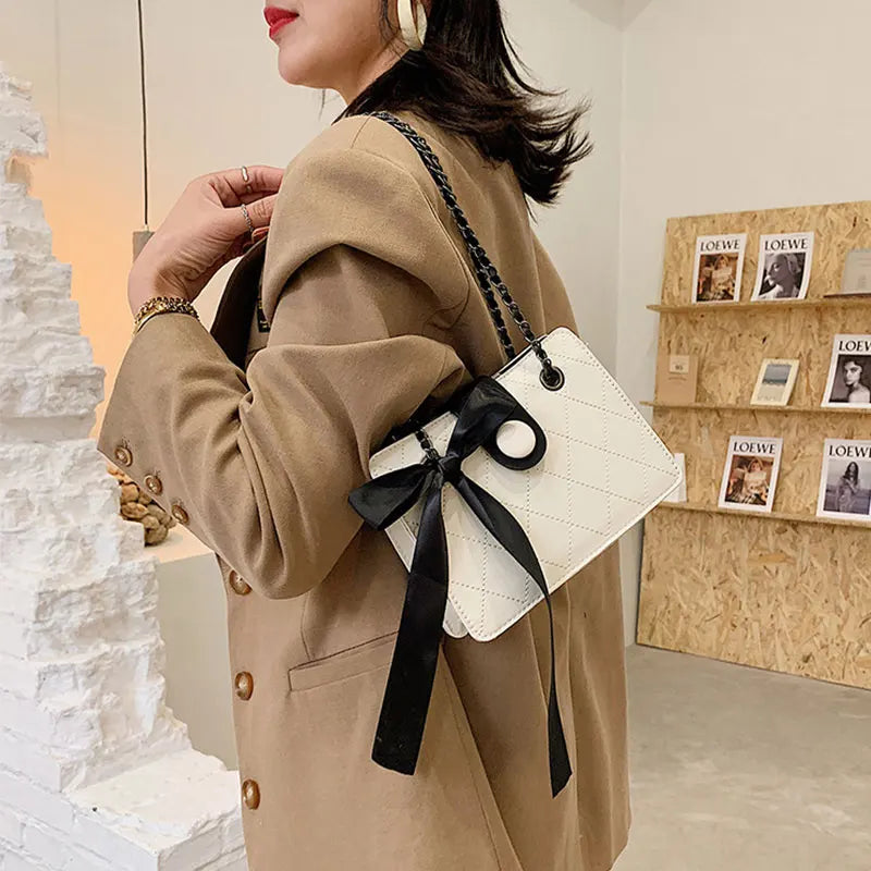 Winter Shoulder Bags Lingge Chain Crossbody Bag Solid Ribbon Bow