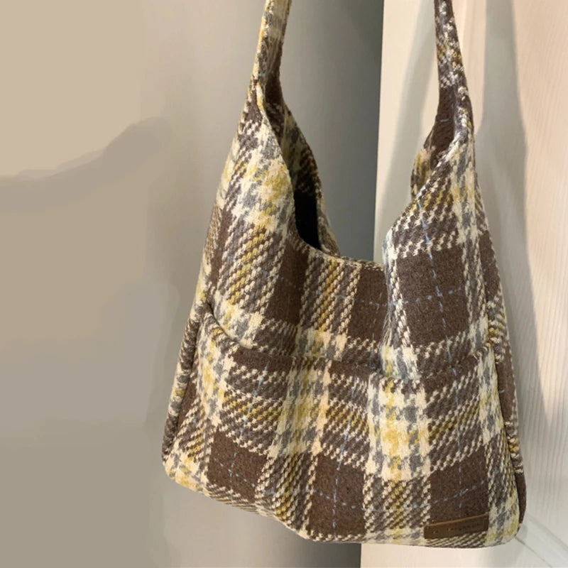 Winter Women's Casual Plaid Shoulder Bag Vintage Canvas Handbag