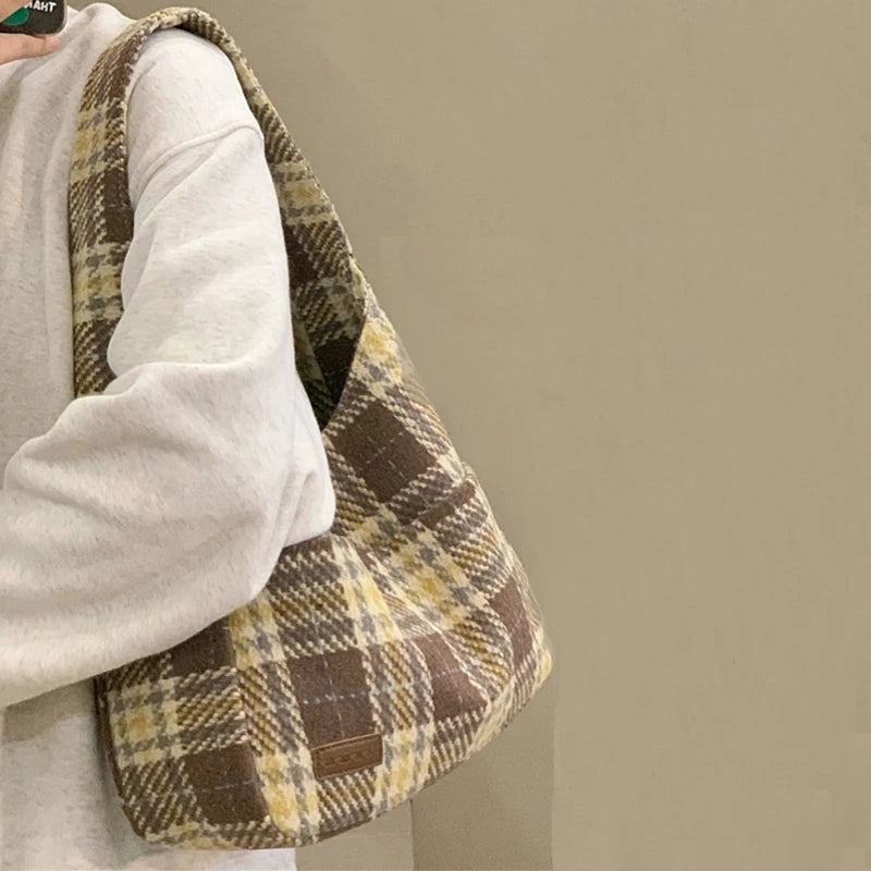 Winter Women's Casual Plaid Shoulder Bag Vintage Canvas Handbag
