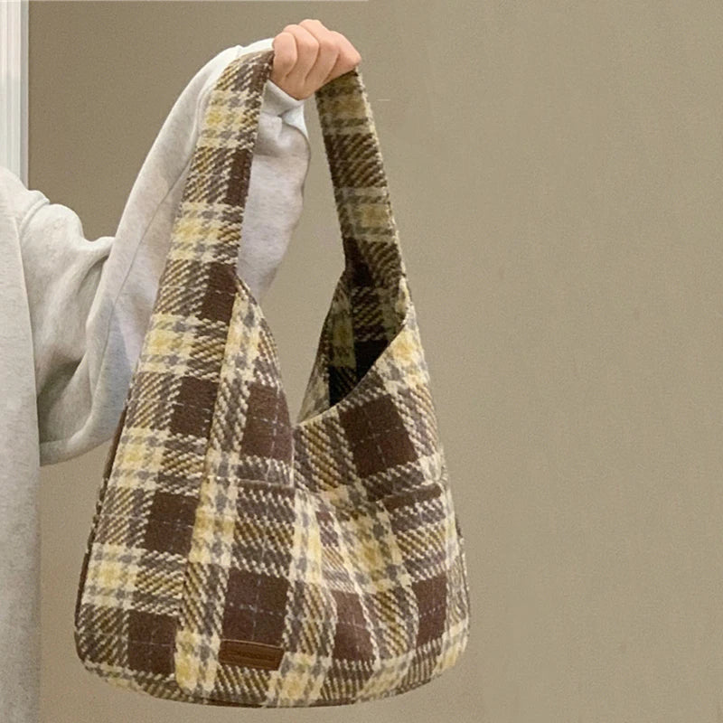 Winter Women's Casual Plaid Shoulder Bag Vintage Canvas Handbag