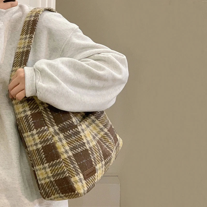 Winter Women's Casual Plaid Shoulder Bag Vintage Canvas Handbag