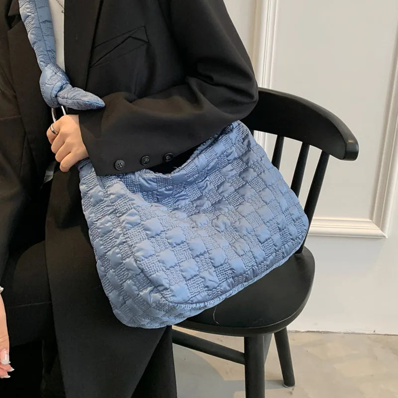 Winter Women's Shoulder Bag Large Down Feather Padded Messenger Handbag Plaid