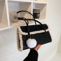 Winter Plush Shoulder Bag with Wool Ball Pendant