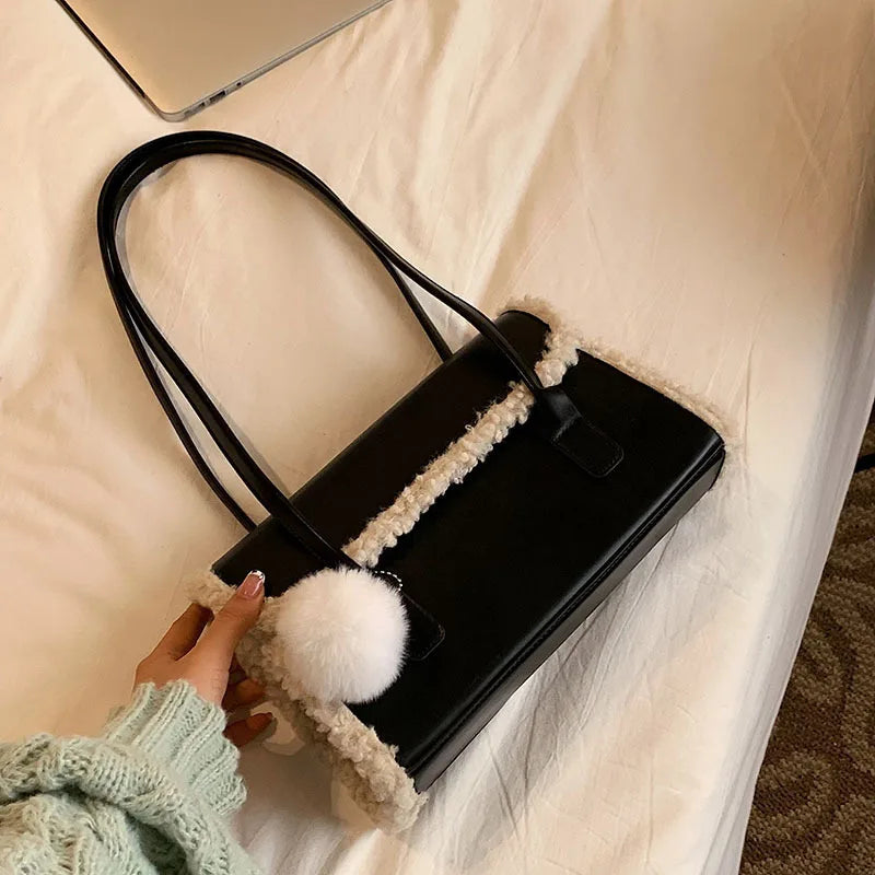 Winter Plush Shoulder Bag with Wool Ball Pendant