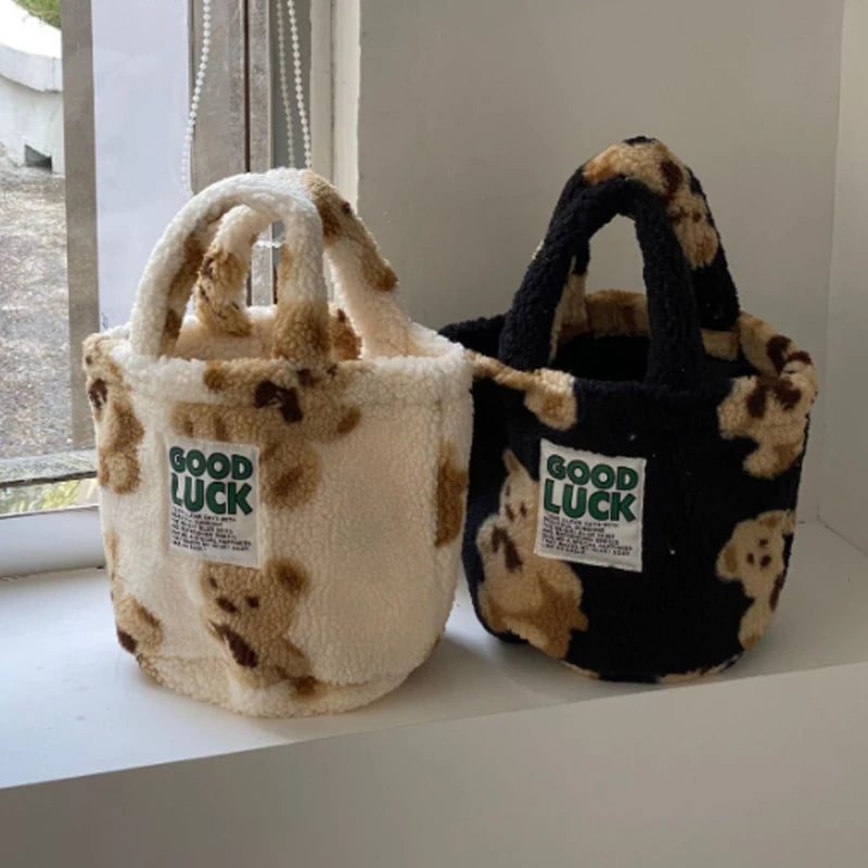 Winter Leopard Plush Bucket Bag Women Handbag Faux Fur