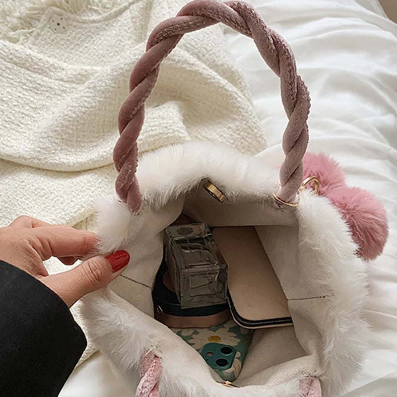 Winter Plush Cherry Shoulder Bag Women Cross-body Furry Bucket Handbag